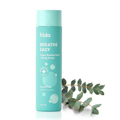 Fridababy Eucalyptus Vapor Bubble Bath & Body Wash, 10oz bottle, with soothing bubble designs and eucalyptus leaves nearby.