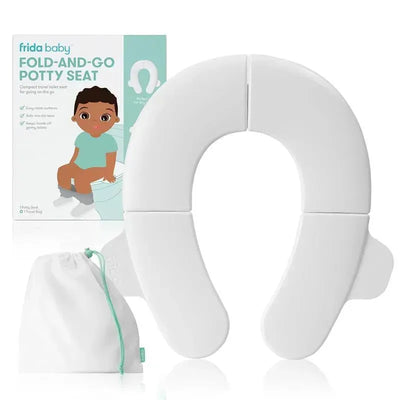 Fold-and-Go Potty Seat for toddlers, white, with a travel bag, designed for easy toilet use on the go.