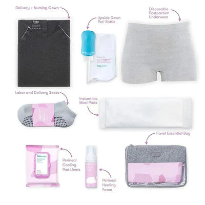 Frida Mom Delivery & Postpartum Hospital Packing Kit including a gown, peri bottle, ice maxi pads, postpartum underwear, socks, healing foam, and essential bag.