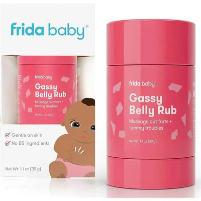 Gassy Belly Rub by Fridababy, in a pink container with text about easing gas for babies, alongside a cartoon baby illustration.