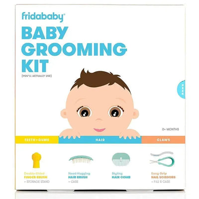 Fridababy Infant Grooming Kit box featuring a cartoon baby face, detailing grooming tools for teeth, hair, and nails.