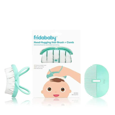 Fridababy Infant Head-Hugging Hairbrush and Styling Comb Set in teal, designed for gentle hair care.