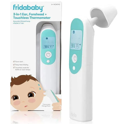 Fridababy 3-in-1 infrared thermometer for ear, forehead, and touchless use, showing accurate temperature display and packaging details.