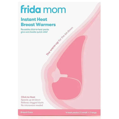 Frida Mom Instant Heat Reusable Breast Warmers package with pink breast illustration and usage details for relieving sore breasts.