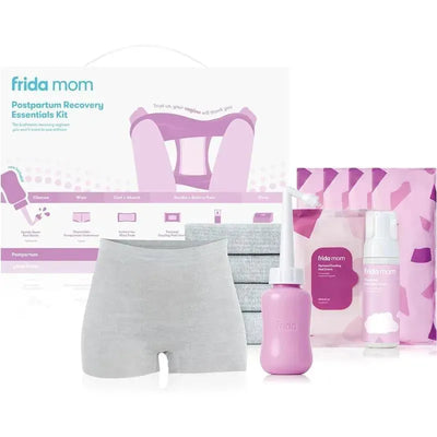 Fridababy Mom Postpartum Recovery Essentials Kit, featuring a variety of recovery products including gray underwear, a perineal spray bottle, and soothing pads.