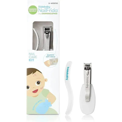 Fridababy NailFrida Nail Care Set includes a nail clipper with a safety spy hole and a nail file, designed for infants.