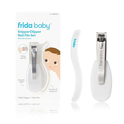 Fridababy SnipperClipper Nail File Set, featuring a nail clipper with safety spy hole and an easy-grip handle, for safe baby nail care.