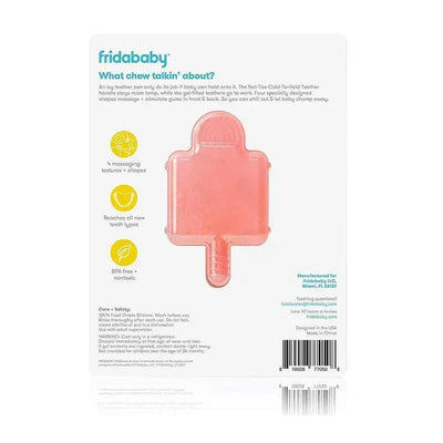 Pink silicone teether shaped like a popsicle, designed for infants with textured surfaces for gum relief.