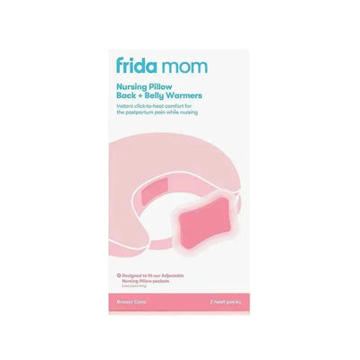 Frida Mom Nursing Pillow with Back and Belly Warmers, includes two heat packs for postpartum comfort while nursing.