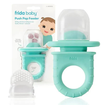 Fridababy Push Pop Feeder in teal, designed for introducing babies to new foods, with an easy-grip handle and included feeder insert.