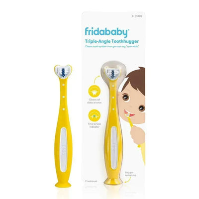 Fridababy - Smilefrida 2.0 Toothhugger in yellow, designed for efficient teeth cleaning with triple-angle bristles and suction cup base.