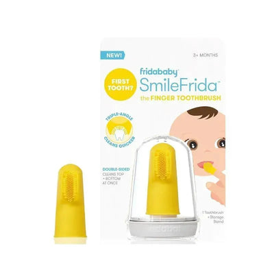Fridababy SmileFrida Fingerbrush Manual Toothbrush in yellow, designed for babies 3 months and older, with packaging highlighting features.