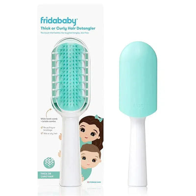 Fridababy Thick or Curly Hair Detangler features a wide-tooth comb and bristle combo, designed for gentle detangling.