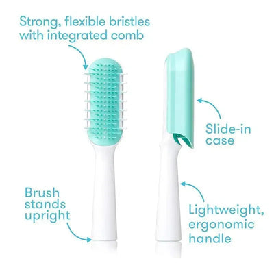 Detangler brush for toddlers with flexible bristles, integrated comb, slide-in case, and ergonomic handle.