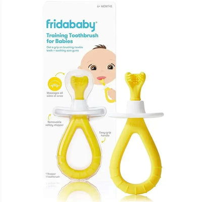 Training toothbrush for babies, featuring soft silicone bristles, an easy-grip handle, and a removable safety stopper.