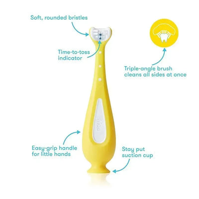 Training toothbrush for toddlers, featuring soft bristles, easy-grip handle, and suction cup base for stability.