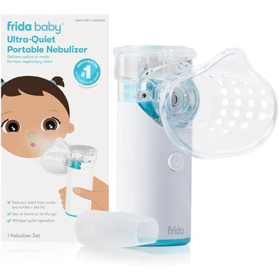 Fridababy Ultra-Quiet Portable Nebulizer with clear mask attachment, designed for quick respiratory relief.