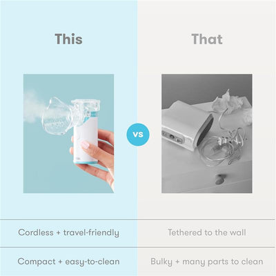 Portable nebulizer in hand producing mist, compared to a bulky tethered device with multiple parts.