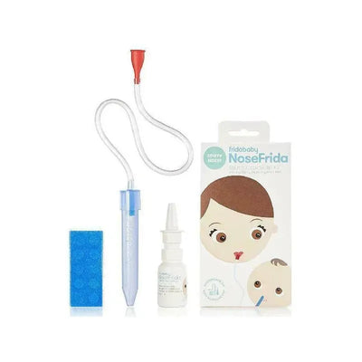 Fridababy NoseFrida Snotsucker Saline Kit including aspirator, saline spray, and sponge for relieving nasal congestion.
