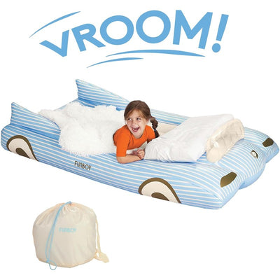 Blue convertible air mattress for kids with a smiling girl, fluffy blanket, and small storage bag, labeled FUNBOY.
