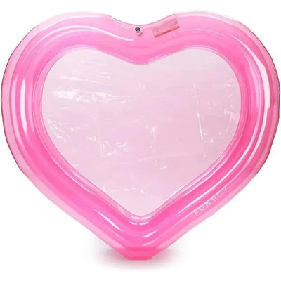 Giant inflatable pink heart kiddie pool with a transparent interior and smooth edges, designed for playful summer fun.