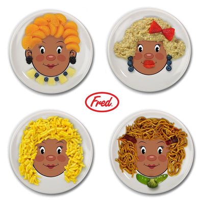 Ceramic dinner plates featuring cartoon faces for kids, adorned with playful food hairstyles made from various ingredients.