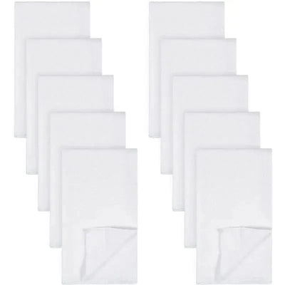 Ten white flatfold birdseye cloth diapers stacked and arranged for display.