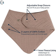 Gerber 10Pk Baby neutral brown muslin bandana bib with adjustable snap closure and fleece lining; features cotton construction.