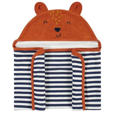 Terry hooded bath wrap for boys featuring a friendly fox design and navy striped pattern. One size fits most.