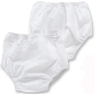 Waterproof white pants in a 2-pack for infants, sized 6 to 9 months, featuring elastic waistbands.