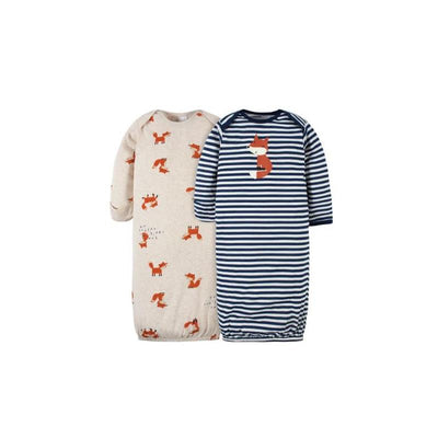 Two baby gowns for boys, one with fox patterns and the other striped with a fox graphic, suitable for 0 to 6 months.