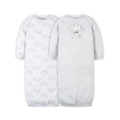 Neutral baby gowns featuring a cloud pattern and a striped design, suitable for infants 0-6 months.