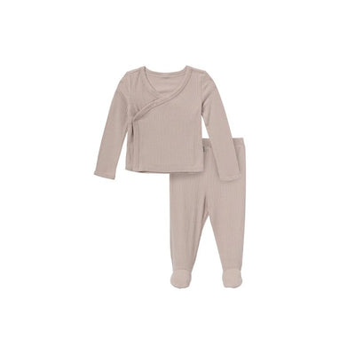 Neutral taupe baby outfit set consisting of a long-sleeve wrap top and matching pants with footed cuffs.