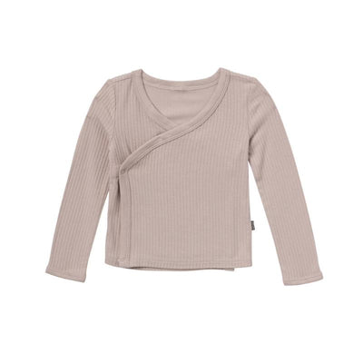 Neutral taupe long-sleeve baby wrap shirt with a ribbed texture and front snap closure.
