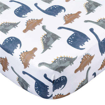 Knit crib sheet featuring colorful dinosaur patterns in blue, green, and brown on a white background.