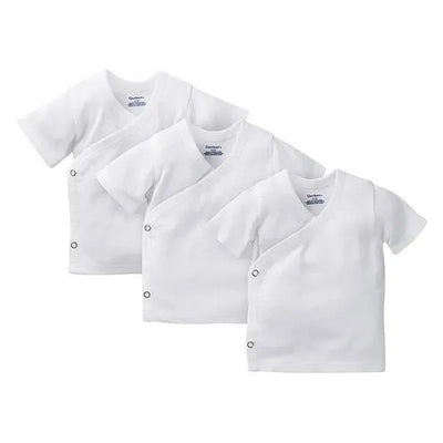 Gerber 3-pack of white side snap shirts for infants featuring short sleeves and snap closures.