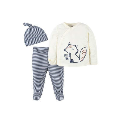 3-piece baby outfit set featuring a cream side-snap shirt with a fox graphic, navy striped footed pants, and a matching cap.