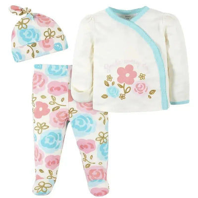 3-piece baby girl set featuring a floral side snap shirt, footed pants with pink and blue roses, and a matching cap.