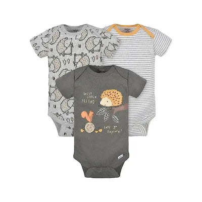 Three Gerber baby boy onesies featuring a hedgehog design, gray with squirrel graphic, and gray stripes.