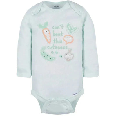 Long sleeve mint green onesie featuring playful vegetable graphics and the text “can’t beet this cuteness.”