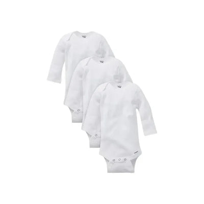 Three white long sleeve onesies for infants, part of the Gerber 3pk, suitable for 24-month-olds.