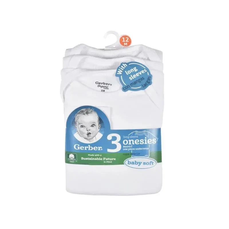 Gerber 3pk Long Sleeve Onesies 24M White - Main Image
