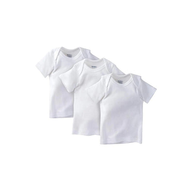 Three white short-sleeve pull-on shirts from Gerber, showcasing a simple design and soft fabric.