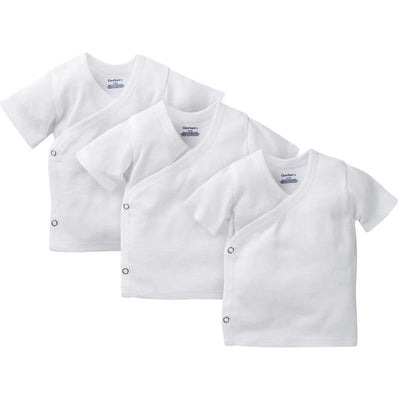 Three white short-sleeve side snap shirts from Gerber, featuring a soft cotton fabric and snap closures.