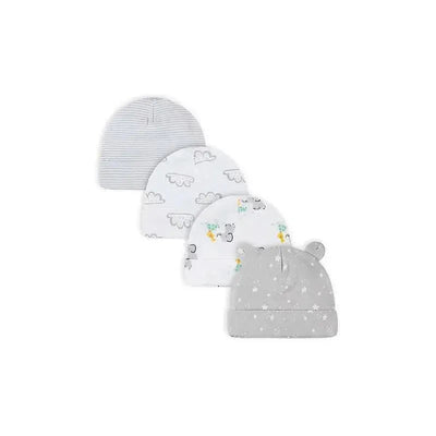 Four baby beanies in various designs: a gray striped, cloud-patterned, animal print, and a gray with bear ears.