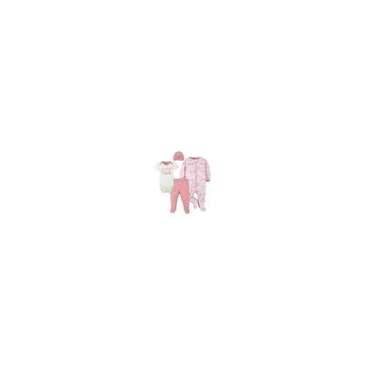 Four-piece baby clothing set for girls including a bodysuit, footed pant, sleep play, and a cap, all in pink with princess theme.