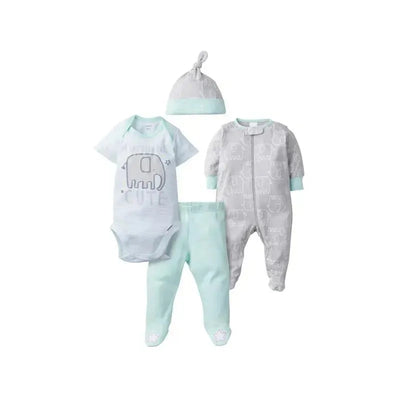 4-piece baby outfit set including a striped bodysuit with elephant design, footed pant, one-piece sleeper, and a knit cap.
