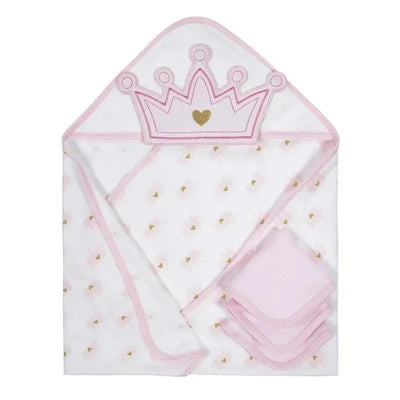 Hooded terry towel set for girls featuring a crown design, accompanied by three matching washcloths.