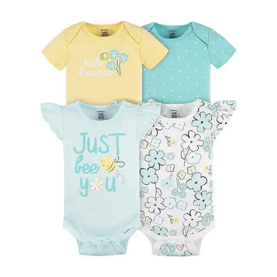Four short sleeve baby girl onesies in pastel colors featuring floral prints and playful phrases.