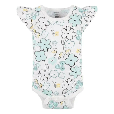 Short sleeve baby onesie featuring a floral pattern in blue, yellow, and green on a white background.